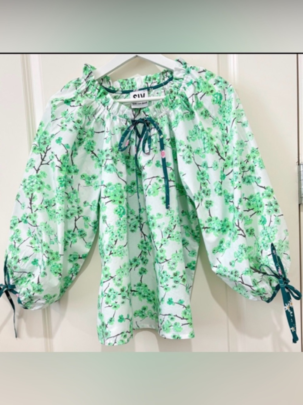 SLV Sur La Vague Cherry Blossom Block Print 
Puff Sleeve Cotton Top One Size